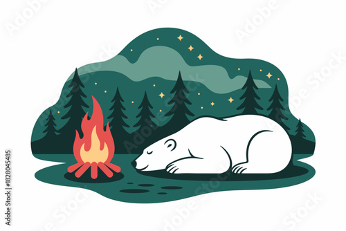 A polar bear sleeps peacefully by a campfire in a forest at night.