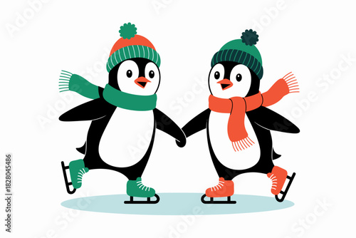 Two penguins holding hands while ice skating in winter hats and scarves.