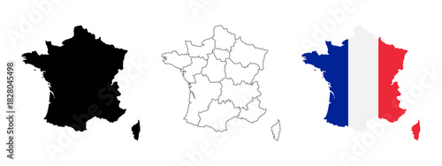 France map silhouette. Black, dotted regional division and French flag-filled country sign. French borders and political boundary symbol. Travel and geography pictogram. National identity illustration