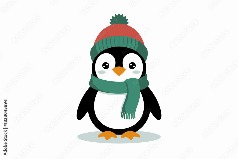 Obraz premium A cute penguin wearing a hat and scarf stands on white background