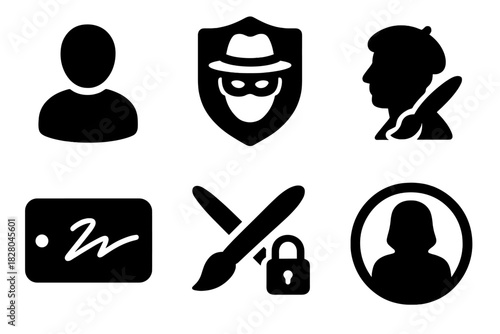 Anonymous Artist Icons. Solid style icons of anonymous digital artists: faceless avatar icon, hidden creator badge, masked painter