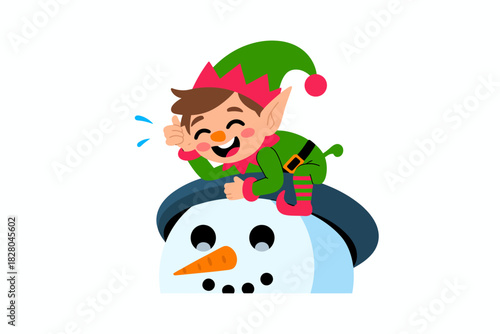 A happy elf giving a thumbs up while sitting on a snowman.