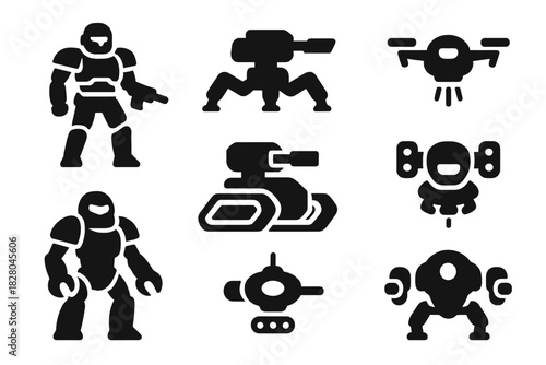 Battle-Ready Robots Icons. Solid style icons of battle-ready robots: humanoid droid icon, four-legged mech badge, aerial bot slab.