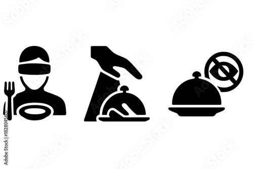 Taste-Blind Dining Icons. Solid style icons of taste-blind eating: blindfold dining icon, focus on touch dish, no-visual plate