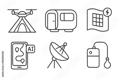 Future Nomadic Tech Icons. Line style icons of future nomadic tech: foldable drone tent, modular living capsule, solar smart
