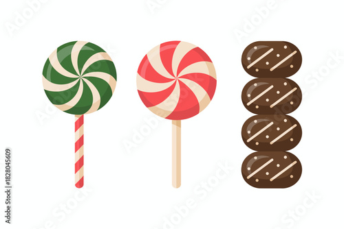 Three colorful candies, a swirl lollipop and chocolate cookies, are shown.