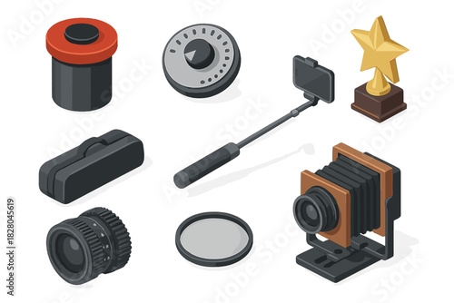 Photography Equipment Icons. Isometric vector illustration set of Camera and Photography: film developing tank, contrast control