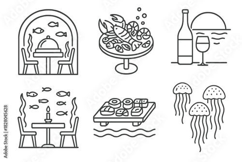 Underwater Dining Icons. Line style icons of dining experiences: submerged gourmet restaurant, seafood platter on glass table,