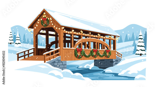 Charming covered bridge nestled in snowy winter landscape with festive wreaths and lights for holiday cheer and seasonal greetings cards