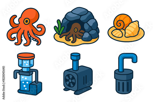 Vibrant Octopus Habitat. Isometric vector illustration set Aquarium life – octopus habitat, rock den, shell pile; long arm,