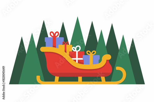 A festive sleigh filled with gifts is pulled through a winter forest.