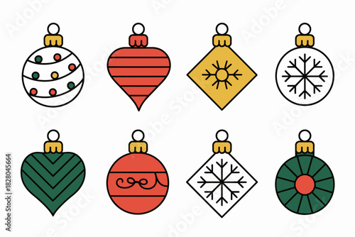 A collection of eight festive Christmas ornaments are arranged in two rows.
