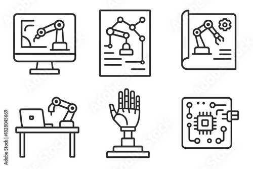 Tattoo Robotics Icons. Line style icons of tattoo robotics development: CAD robotic sketch, prototype diagram, engineering