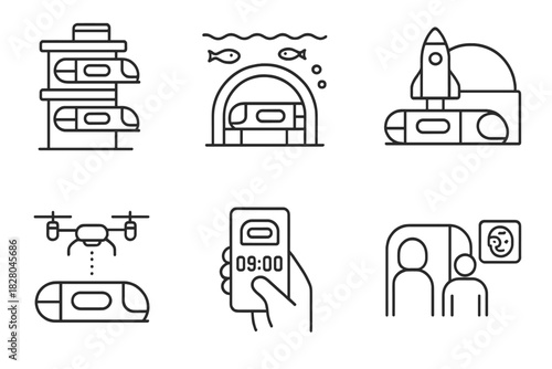 Futuristic Transport Icons. Line style icons of futuristic hyperloop concepts: multi-level pod station, underwater capsule