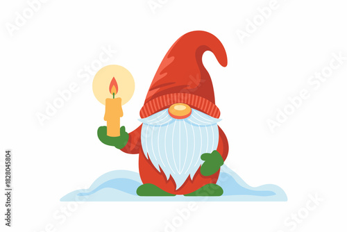 A gnome wearing a red hat holds a lit candle in the snow.