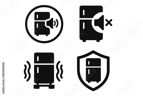 Silent Refrigeration Icons. Solid style icons of noise-free refrigeration: silent cooling badge, mute symbol with chiller,