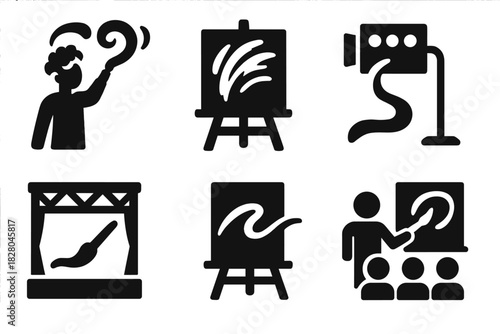 Dynamic Art Performance. Solid style icons of performance painting: live artist with emotion swirl, expressive gesture canvas,