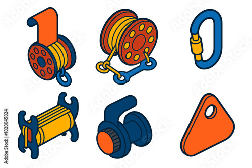 Diving Gear Icons. Isometric vector illustration set Underwater diving gear – SMB reel, finger spool, braided line; snap clip,