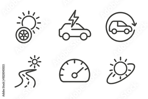 Solar Vehicle Icons. Line style icons of solar-powered vehicle symbols: sun + wheel combo icon, energy flash over car, sustainable