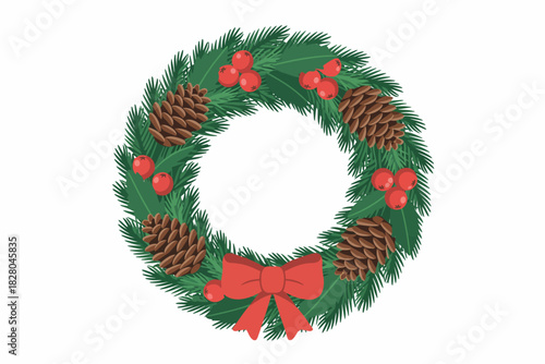 A festive Christmas wreath with pinecones and red berries is displayed.