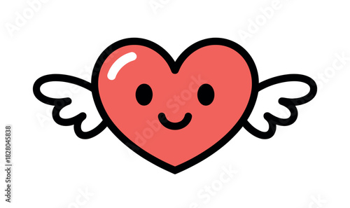 A cute cartoon heart with small white wings and a happy face symbolizes love and affection.