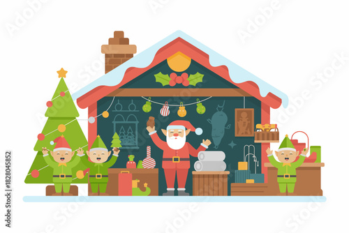 Santa and elves work together in a workshop decorated for Christmas.