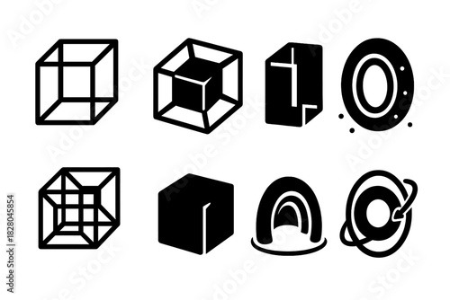 4D Geometry Icons. Solid style icons of dimension-based artwork: hypercube sculpture, tesseract-inspired form, foldable space