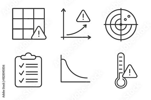 Risk Assessment Icons. Line style icons of risk assessment tools: risk matrix chart, likelihood vs impact icon, vulnerability