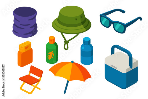 Bright Fishing Gear. Isometric vector illustration set Fishing equipment – neck gaiter, fishing hat, polarized sunglasses;