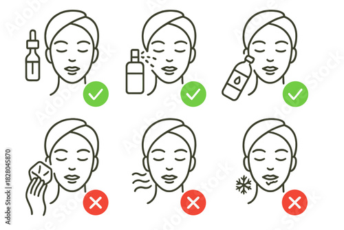 Cryo Facial Dos and Don'ts. Line style icons of cryo facial dos and don’ts: green check for cold serum, red X for direct ice cube,