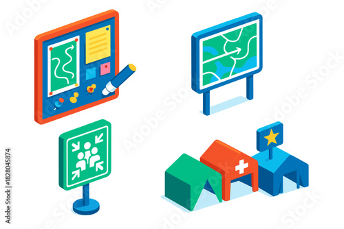 Disaster Preparedness Icons. Isometric vector illustration set Disaster preparedness – community bulletin board, evacuation map,