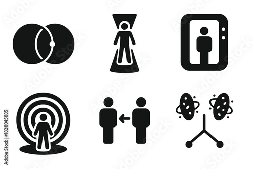Dimensional Icon Set. Solid style icons of teleportation across dimensions: multi-universe link icon, reality jump beam,