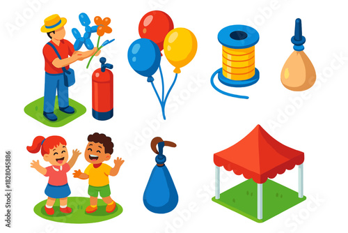 Park Balloon Festivities. Isometric vector illustration set Park activities – balloon artist, helium tank, latex balloons; ribbon