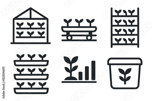 Hydroponic Icons Collection. Line style icons of Hydroponics: commercial hydroponic facility, conveyor grow line, stacking system,