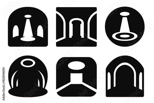 Solid Style Icons. Solid style icons of massive interior chambers: cavernous hall glyph, central pillar icon, echo badge. Light