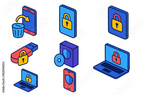 Data Security Icons. Isometric vector illustration set Data privacy – remote wipe command, device lock screen, factory reset icon;