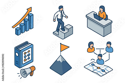 Isometric Business Elements. Isometric vector illustration set of Business: income growth graph, corporate ladder, business plan