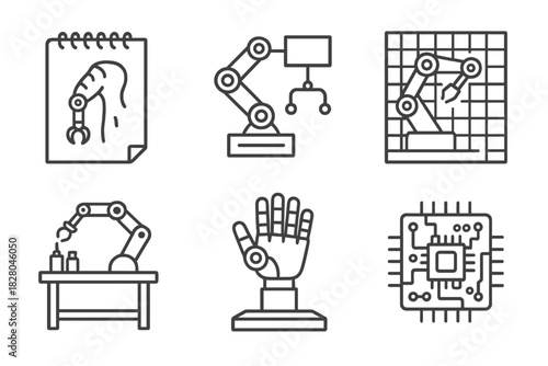 Tattoo Robotics Icons. Line style icons of tattoo robotics development: CAD robotic sketch, prototype diagram, engineering