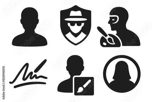 Anonymous Artist Icons. Solid style icons of anonymous digital artists: faceless avatar icon, hidden creator badge, masked painter