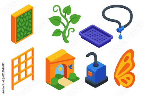 Eco Construction Elements. Isometric vector illustration set Eco construction – green wall panel, vine tendril, drip irrigation