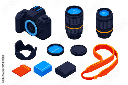 Photography Gear Icons. Isometric vector illustration set Film and photography – DSLR camera body, zoom lens, prime lens; lens