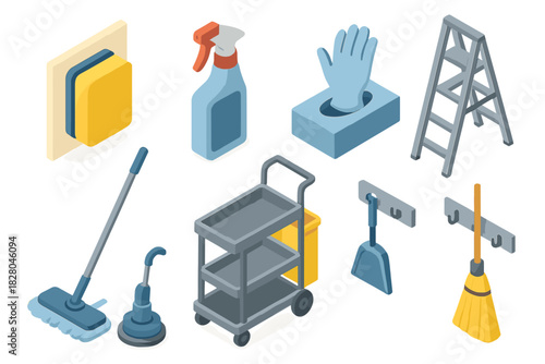 Isometric Cleaning Tools. Isometric vector illustration set of Cleaning Services: wall cleaner sponge, odor remover bottle, glove