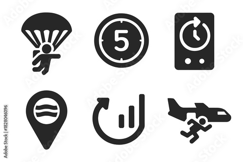 Skydiving Icon Set. Solid style icons of skydiving altitudes and timing: high-altitude exit icon, countdown badge, sync timer