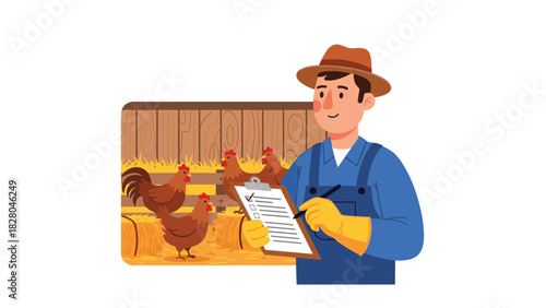 Happy farmer checking on chickens in coop with clipboard for sustainable agriculture, rural lifestyle, and healthy food production promotion