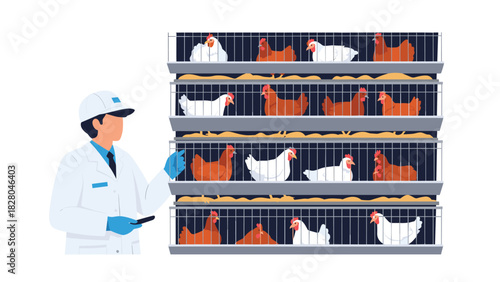 Veterinarian inspecting caged chickens, ensuring poultry health and safety on a modern farm, supporting ethical animal welfare practices