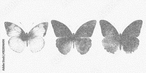 Butterfly print with repeated delicate shapes and soft paper grain, stipple dots and subtle speckle, vintage ink outline with abstract grit.