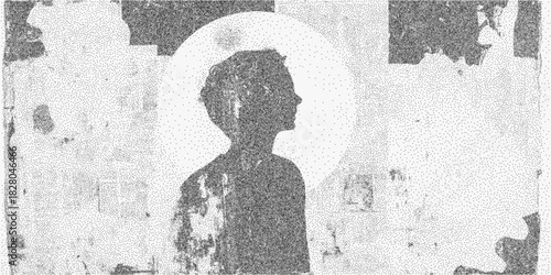 Torn paper strips revealing silhouette of a person, grainy photocopy noise, grunge edge textures and abstract vintage composition with layered contrast.