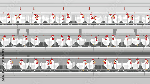 Industrial chicken farm with rows of hens in cages, representing modern poultry production and food industry challenges and ethical considerations