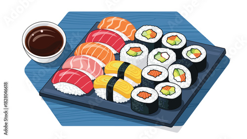 Delicious authentic sushi platter with vibrant colors and soy sauce, perfect for restaurant menus and Japanese food promotions