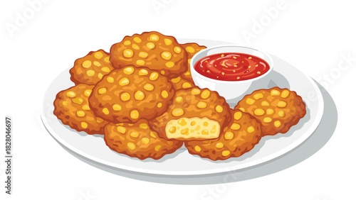 Delicious golden corn fritters with sweet chili dipping sauce, perfect appetizer for sharing and enjoying at your next social gathering